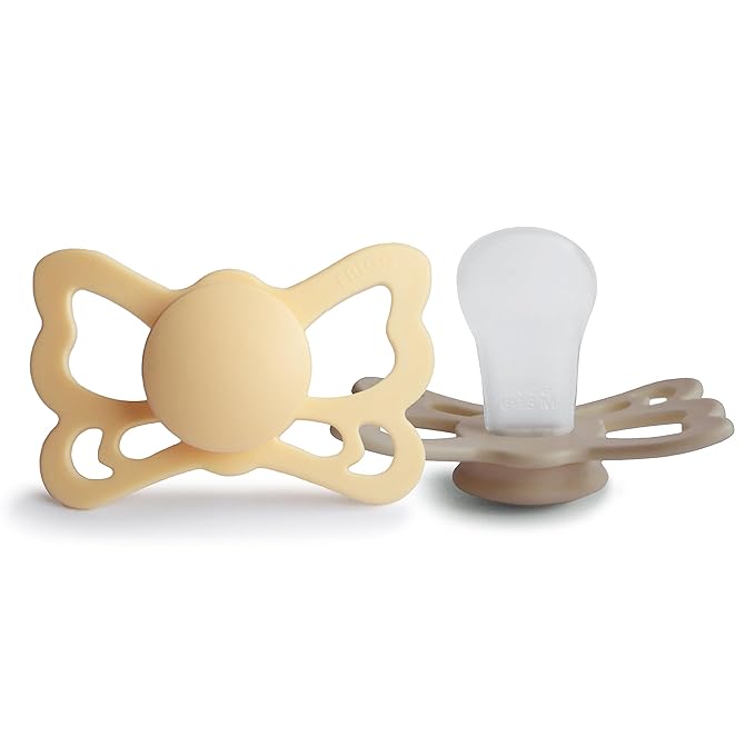 FRIGG Butterfly Anatomical SilkySoft Silicone Baby Pacifier | Made in Denmark | BPA-Free (Pale Daffodil/Silky Satin, 6-18 Months)
