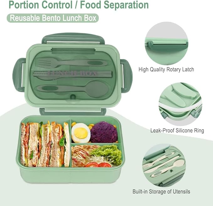 Bento Box for Adult, 1200 ML Lunch Containers for Adults, LeakProof Lunch Box with Utensils, BPA Free, 3 Compartment Bento Box Microwave Safe