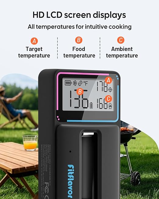 Bluetooth Wirless Meat Thermometer for Smoker Ultra Thin Meat Probe, Fitflavor Wireless Meat Thermometer Probe for Grill BBQ Oven Food Cooking, Waterproof, Alarm, Timer, Data Tracking (FNT21-1)