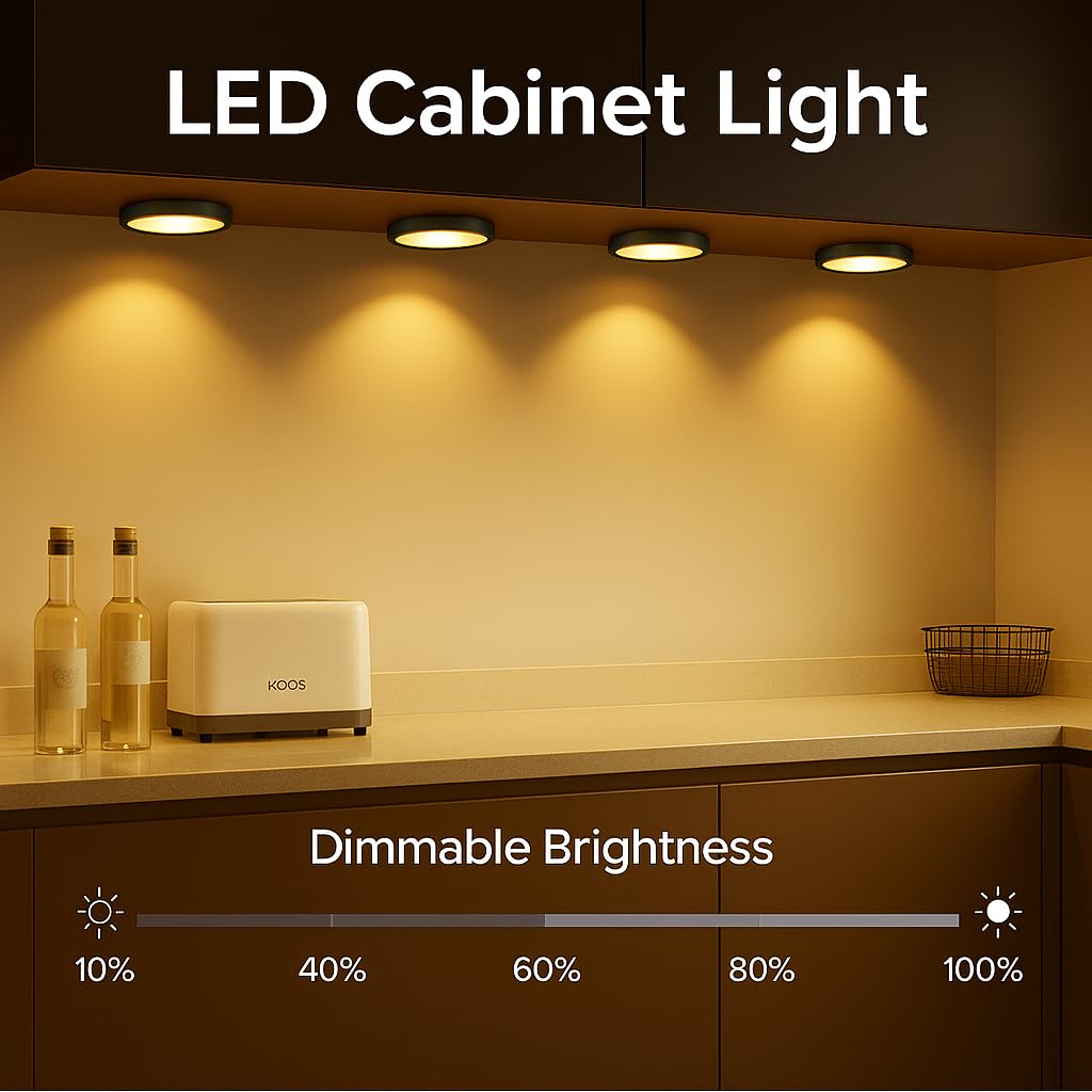 YGS-Tech LED Puck Lights, 3000K Warm White, Aluminum, 3-Pack, Touch Dimming, Under Cabinet Lighting, Black Trim