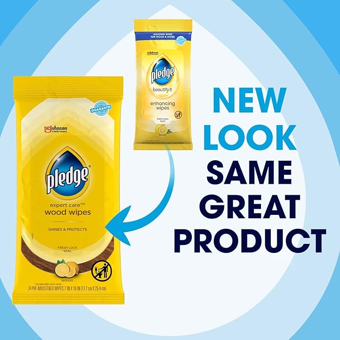 Pledge Multi-Surface Furniture Polish Wipes, Works on Wood, Granite, and Leather, Cleans and Protects, Lemon (24 Total Wipes) (Pack of 2)