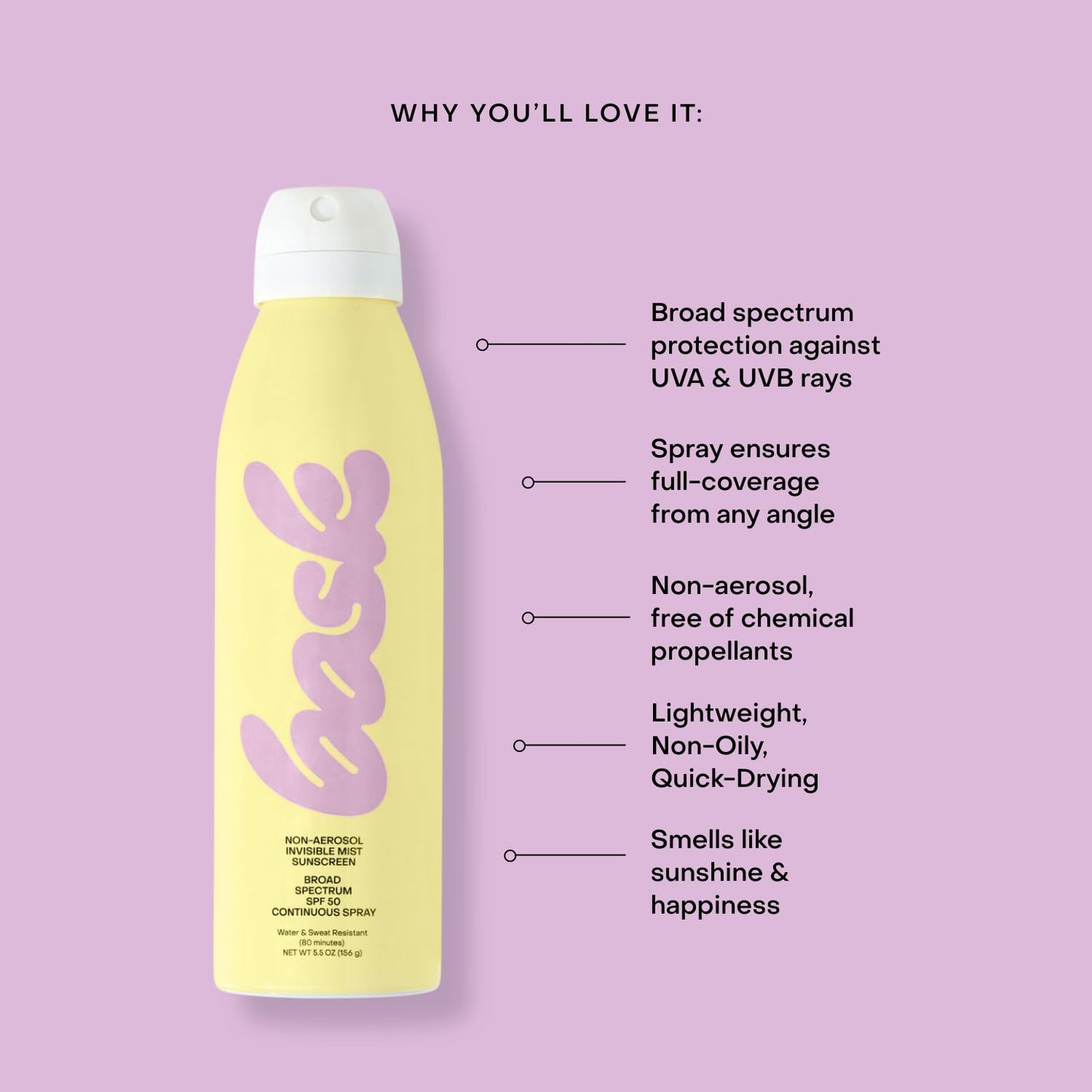 Bask Suncare SPF 50 Sunscreen Spray - Non-Aerosol, Broad Spectrum UVA/UVB Protection, Dermatologist Recommended, No White Cast,