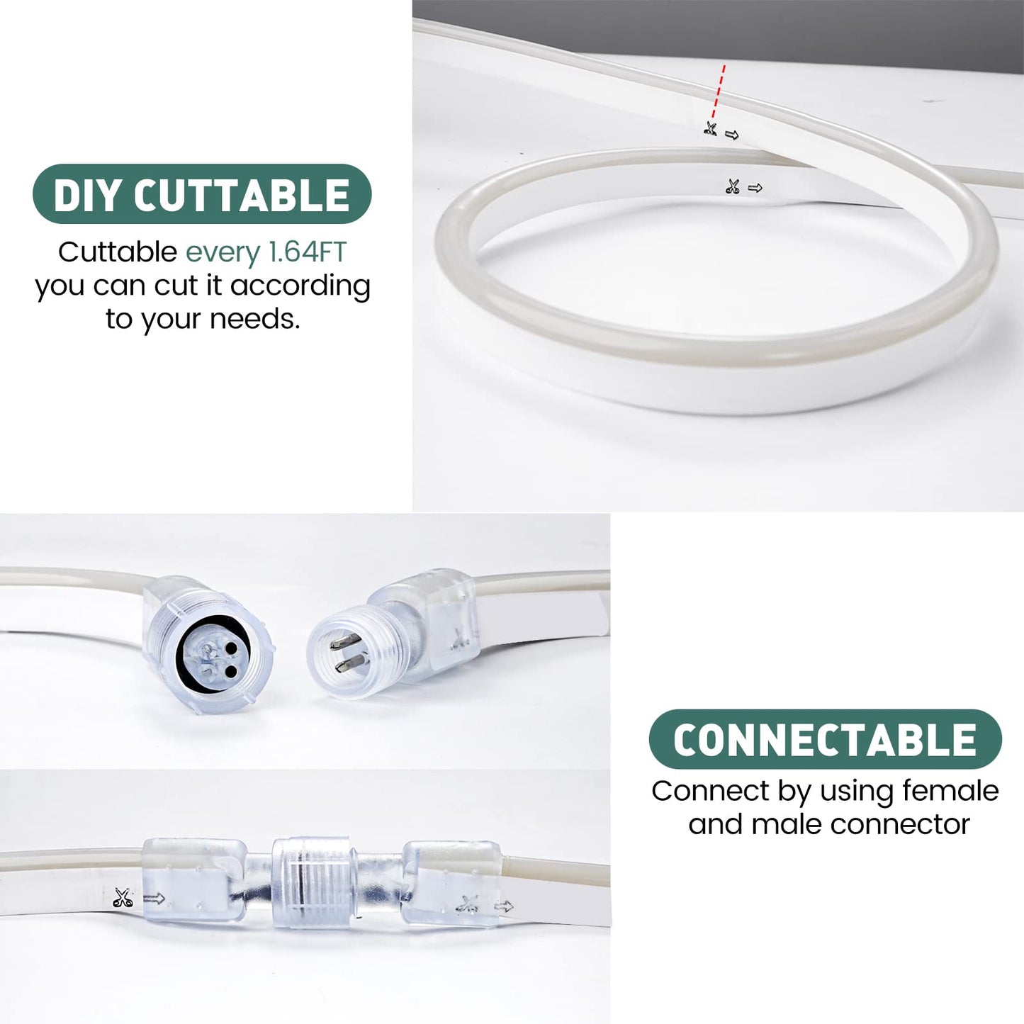 Gzbtech Flexible Led Neon Rope Lights 50Ft Ac 110-120V Waterproof Strip Light  120 Leds/M Cuttable Connectable Neon Lighting For Indoor Outdoor Home Decor/Commercial Building Use-Cold White 15M