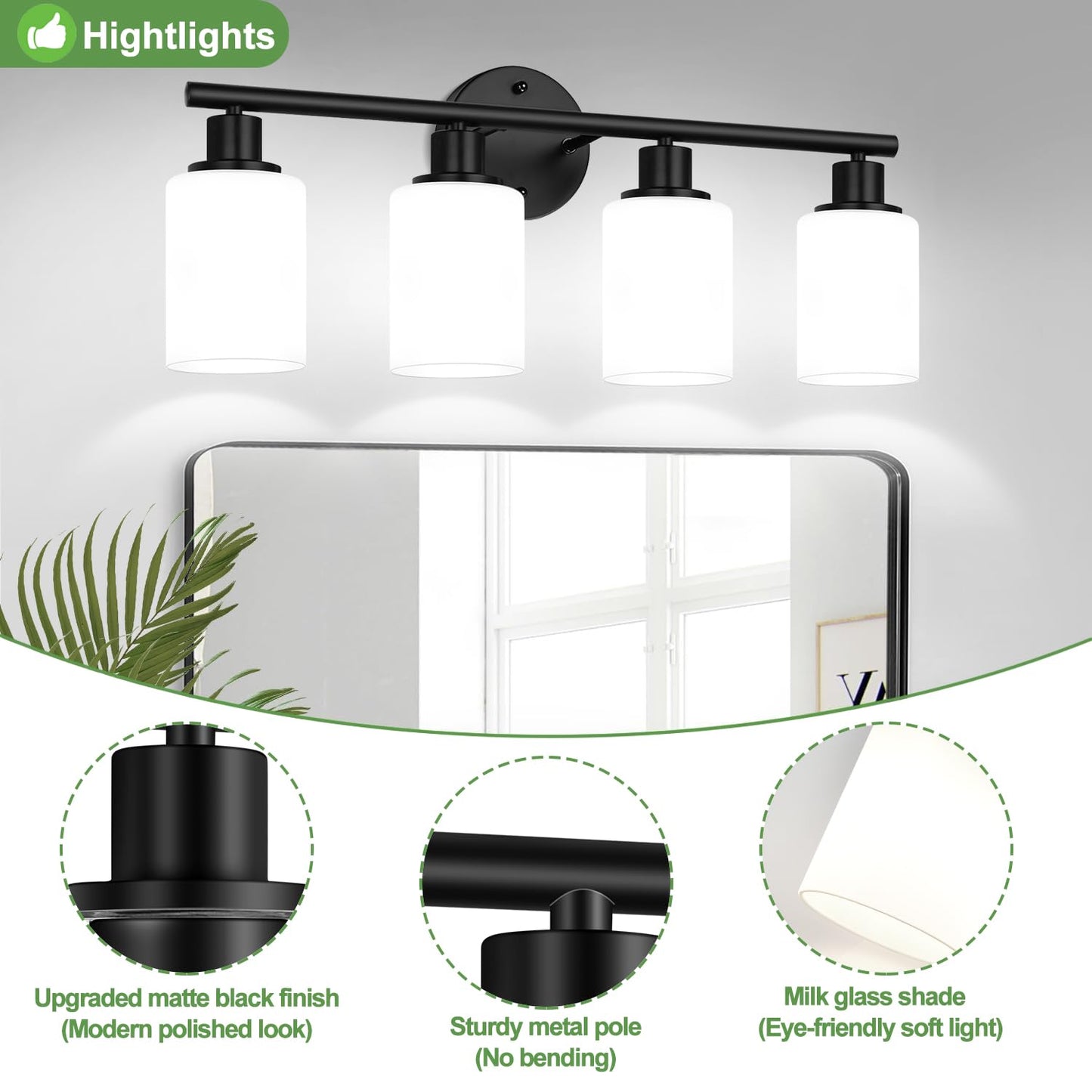 Zarbitta 4-Light Bathroom Light Fixtures, Black Vanity Lights with Milky White Glass Shades, Model OMTYX-016