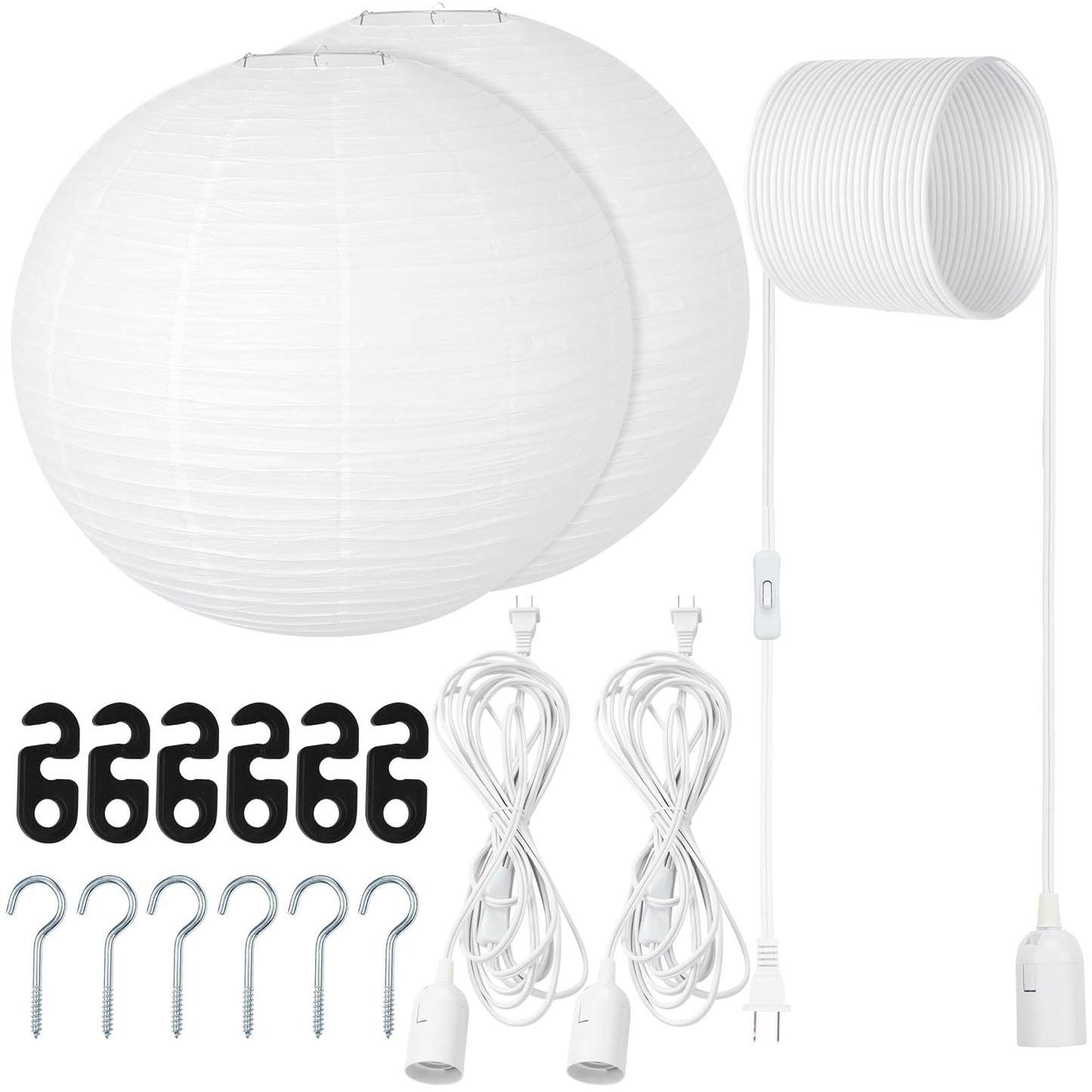 Rossesay 2 Sets Jumbo Paper Lanterns with Lamp Cord Cable White Hanging Paper Lanterns Chinese Japanese Pendant Hanging Lamp for Birthday Wedding Bridal Anniversary Party Decoration (Round, 18 Inch)