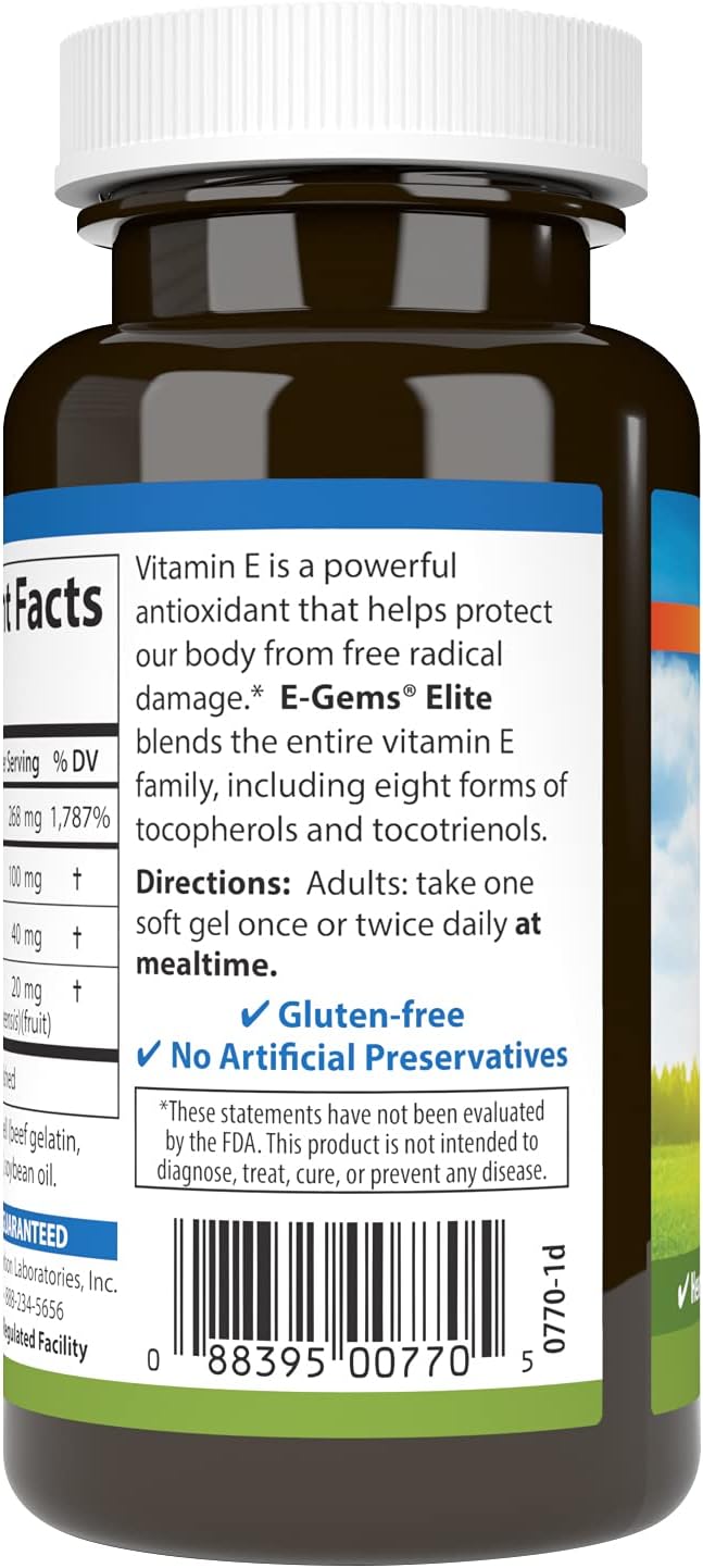 Carlson - E-Gems Elite, 400 IU Vitamin E with Tocopherols & Tocotrienols, Heart Health & Optimal Wellness, Antioxidant, 60 soft gels