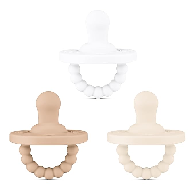 Ryan & Rose Cutie PAT All-in-One Pacifier and Teether Massaging Teething Ring and Hideaway Binky for Growing Babies (Canvas (3 Pack), Flat)