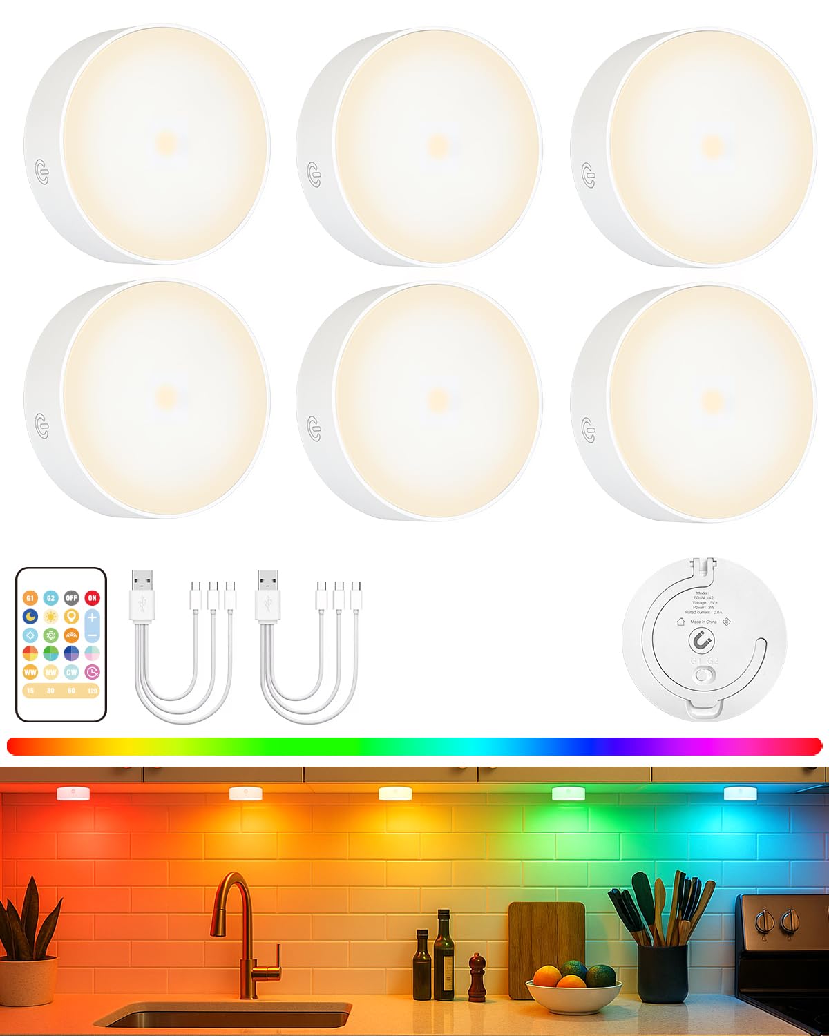 Yiliaw Motion Sensor Puck Lights, LED Under Cabinet Lighting, 19 Colors, 6 Pack, Rechargeable, White, Model SF20250911B0F32M3YKT