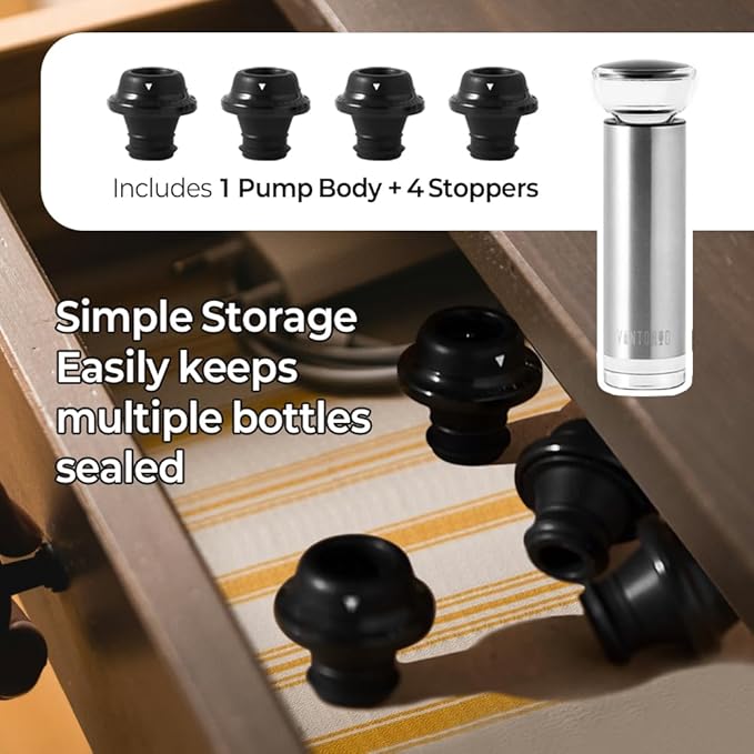 Vintorio Vacuum Wine Saver Pump with 4 Reusable Bottle Stoppers