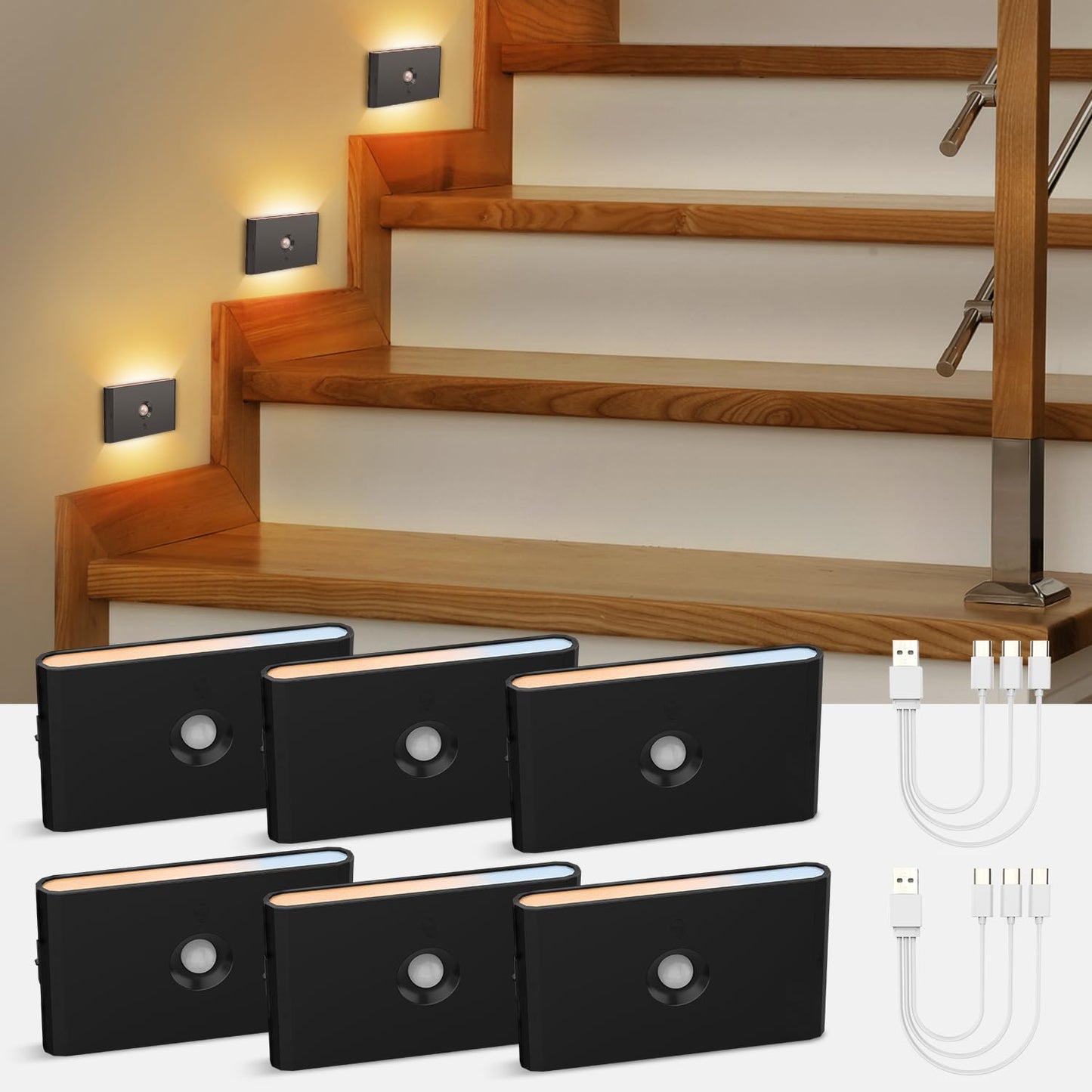 Wowatt 6 Packs Rechargeable Motion Sensor Stair Light Black (Magnetic Mounting Design)(Sensor Modes Available)(Lighting Dimmable) Battery Night Lights For Stairway  Hallway  Bathroom
