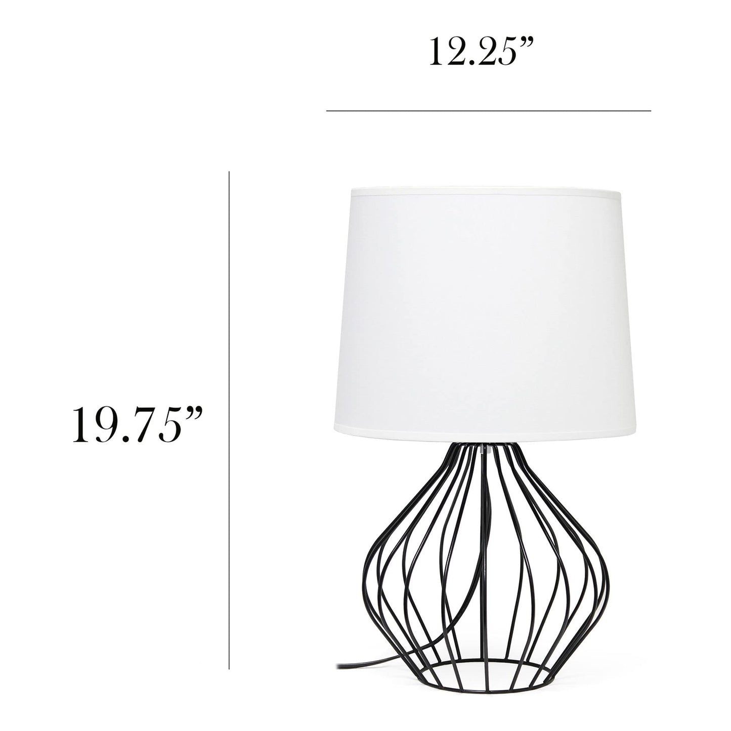 Simple Designs Bedside Table Lamp Geometrically Wired Iron Black Base White Shade 12.25inL x 12.25inW x 19.75inH Model LT2086-WOB