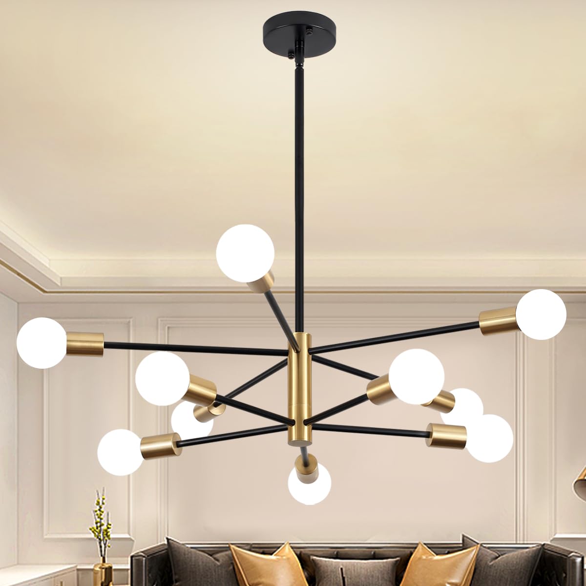 ZSMIHDOH 10-Light Chandelier, Modern Sputnik Light Fixture, Metal, Black & Gold, Model Huazhi-68T