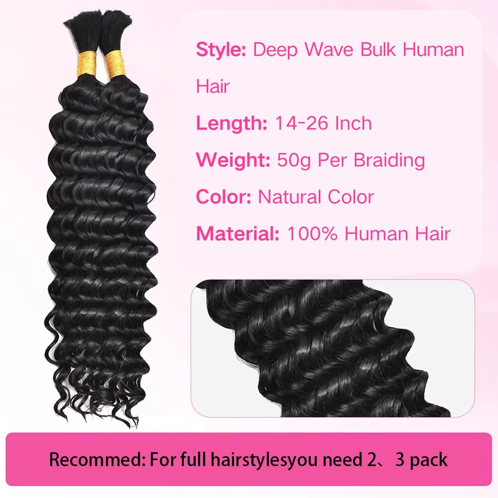 Human Braiding Hair for Boho Braids 18 Inch 100g/pack 2 Bundles Deep Wave Bulk Bundles 100% Unprocessed Curly Micro Human Hair B