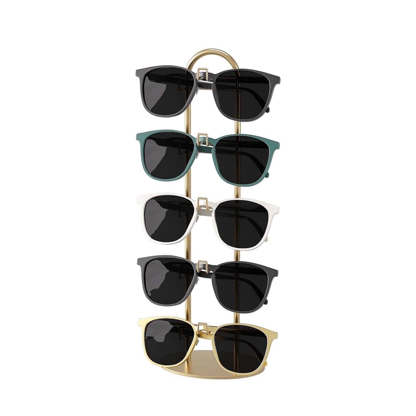 LongMen Metal Sunglass Organizer,Glasses Holder,Eyeglass Holder,Sunglass Storage Eyeglasses Rack Metal Frame for 5 Pairs (1, Gloden)