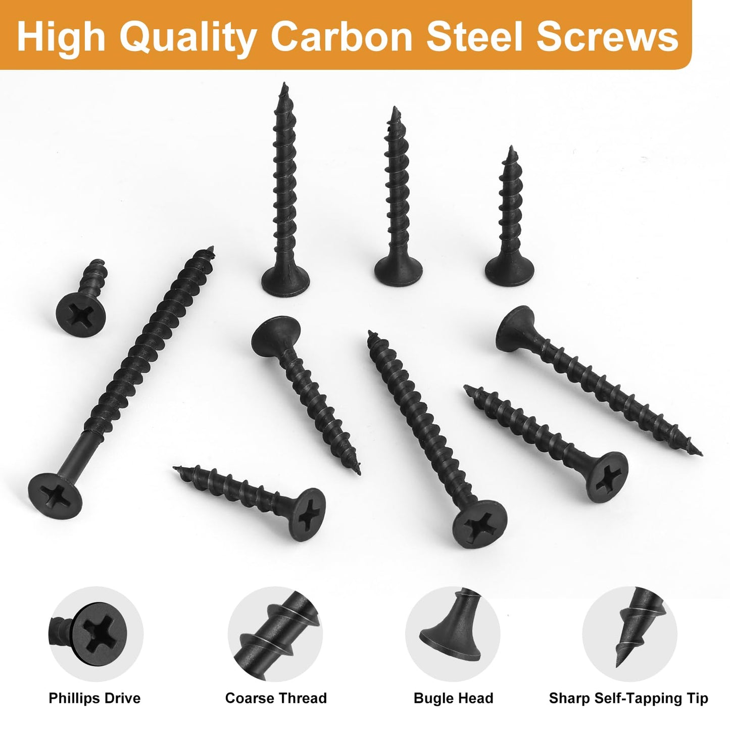 VGBUY 170pcs #6 × 1-1/2 inch Drywall Screws, Black Wood Screws, Coarse Thread Sheetrock Screws, Phillips Head Drive, High Hardness Black Screws for Drywall, Sheetrock, Wood
