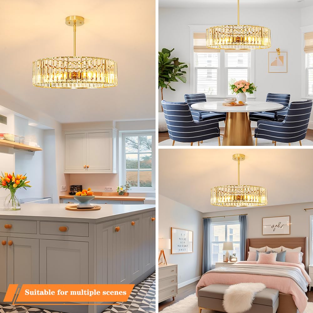 Gold Crystal Chandelier For Dining Room  6-Light Modern Semi Flush Mount Ceiling Lighting Fixtures  Round Kitchen Fixtures Ceiling  Hanging Drum Pendant Lights For Living Room Bedroom Foyer  19In  E26