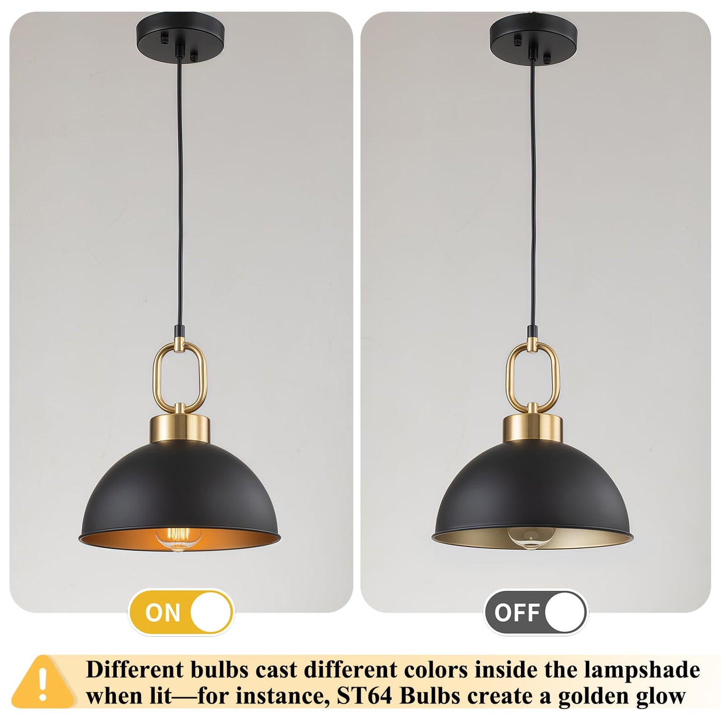 Tinhon Farmhouse Pendant Light Fixture, 10.2In Metal Hanging Light, Black/Gold, Adjustable Height, Vintage Shade, 2 Pack