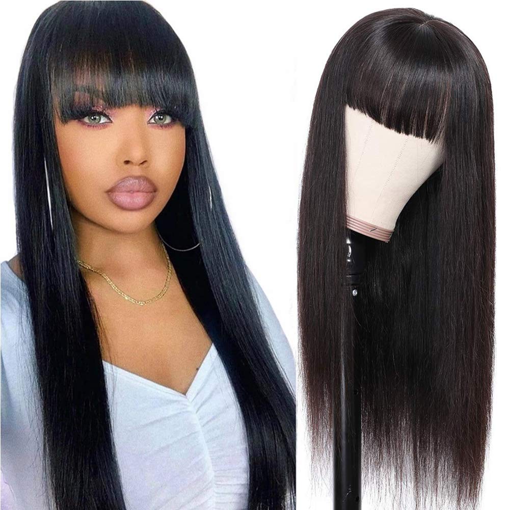 Amella Hair Straight Human Hair Wigs with Bangs 150% Density None Lace Front Wigs Glueless Brazilian Virgin Hair Machine Made Wi