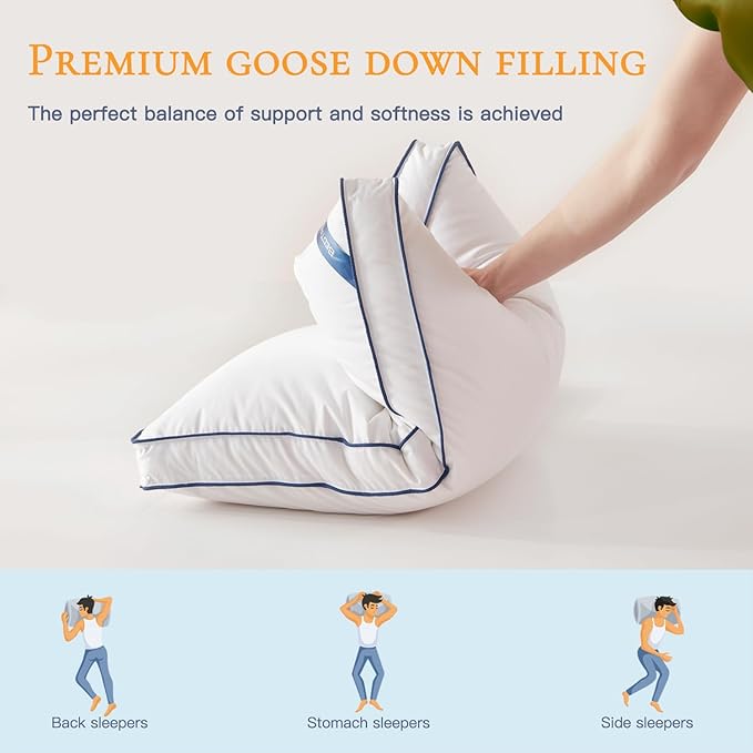 BedTreat White Goose Feather and Down Pillows Queen Size Set of 2,Luxury Hotel Collection Feather Pillows,Goose Feather & Down Filling,100% Organic Cotton Cover,Firm,Soft for Sleeping,Cooling(18X28)…