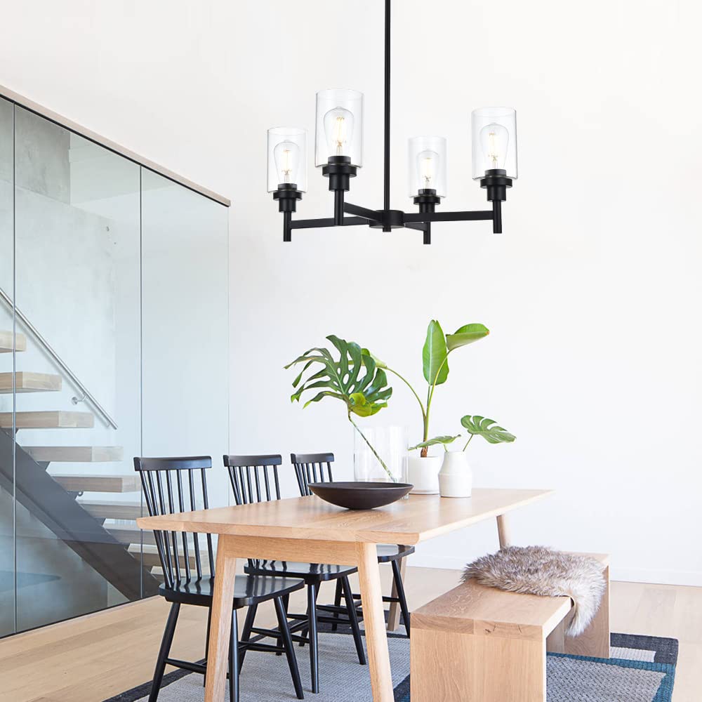 VINLUZ 4 Light Chandelier Black Hanging Light Fixture with Clear Glass for Dining Room and Bedroom - Model 210-4BL