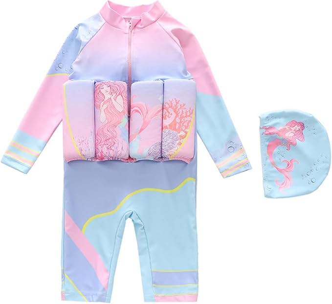 Kids Floatation Swimsuits Boys Girls One Piece Long Sleeve Bathing Suits Zip Up Rash Guard Buoyancy Beach Swimwear with Cap