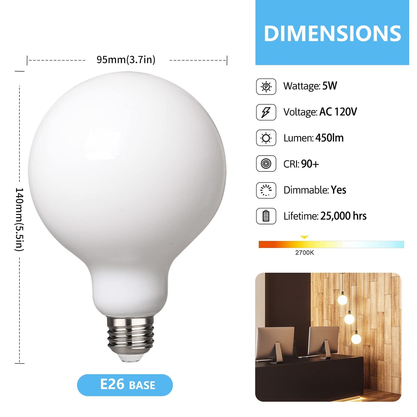 KGC LED Edison Globe Light Bulbs, 5W Equivalent to 40W, Dimmable, G80, Neutral White 4000K, Pack of 6, Milky Glass