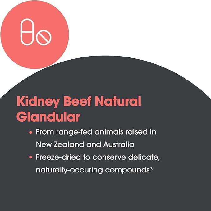 Allergy Research Group Kidney Beef Supplement - Natural Glandular, Freeze-Dried, Bovine, Lyophilized, Beef Organ, Vegetarian Capsules - 100 Count