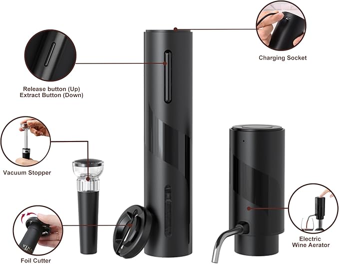 COKUNST Electric Wine Opener SetUSB Rechargeable Bottle Opener and Wine Decanter&Wine Aerator and PourerWine StopperFoil Cutter 4-in-1 Gift Set for Wine Lovers Home Kitchen Party Wedding Bar SGS-KD-7