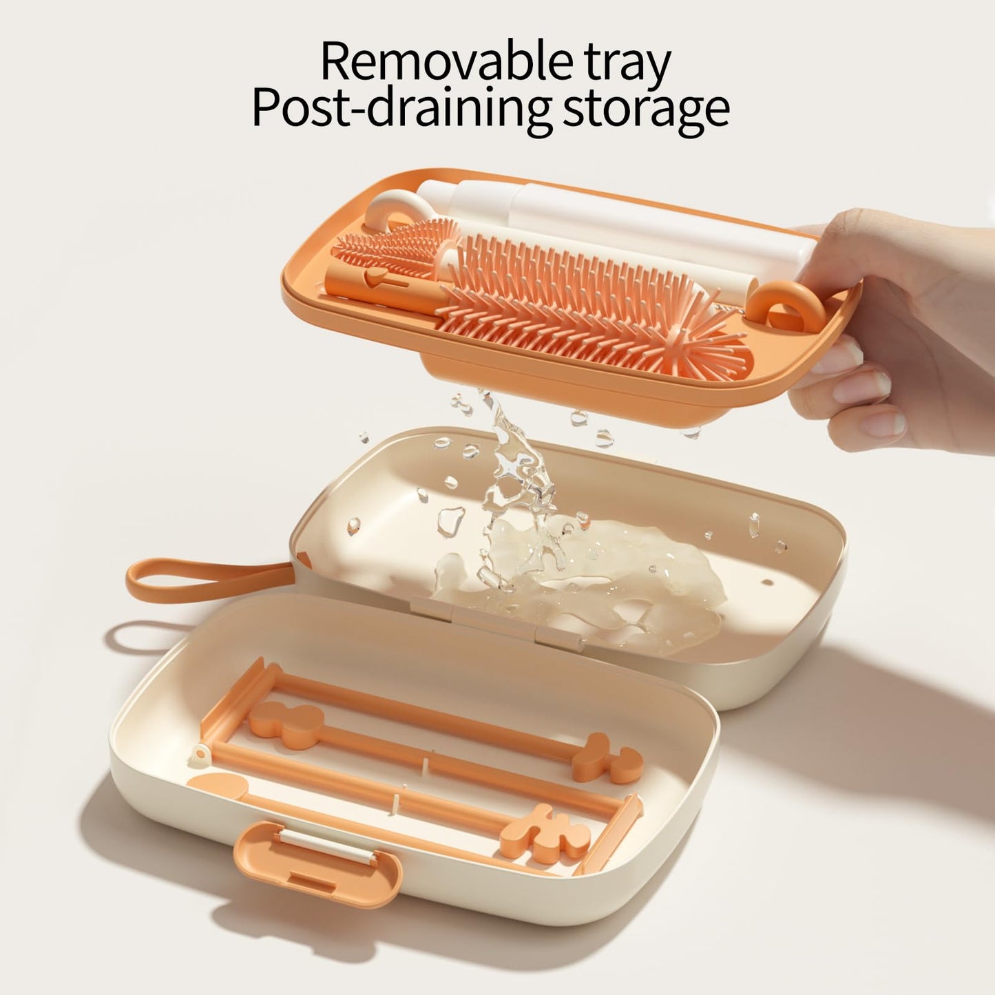 Suvast 7in1 Travel Bottle Cleaner kit,Baby Essentials, with Bottle Brush、Nipple Brush、Straw Cleaner Brush、Soap Dispenser、Bottle Drying Rack、Drainage Tray、Storage Box,Baby Travel Essential (White)