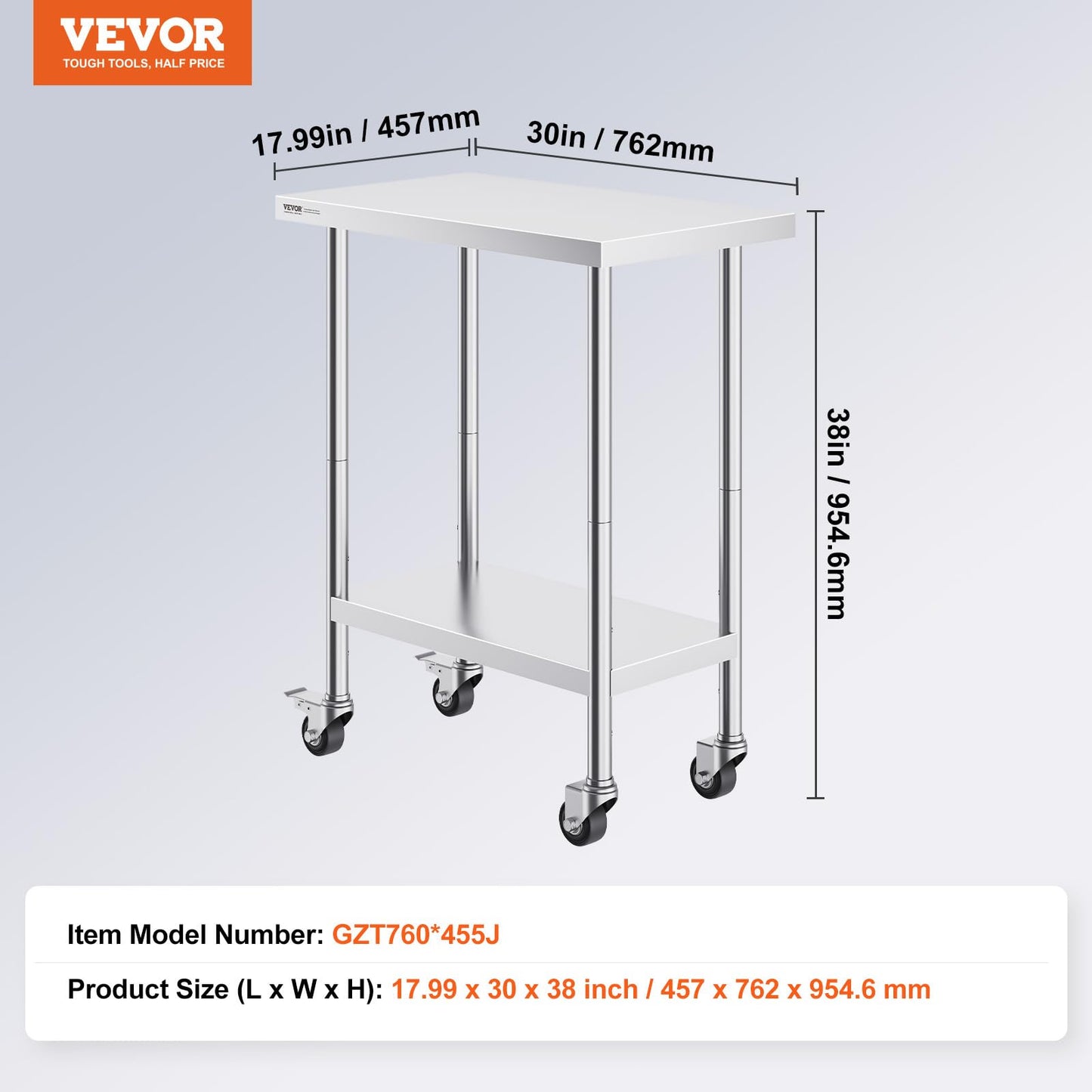 VEVOR Stainless Steel Work Table 30 x 18 x 38 Inch, with 4 Wheels, 3 Adjustable Height Levels, Heavy Duty Food Prep Worktable for Commercial Kitchen Restaurant, Silver