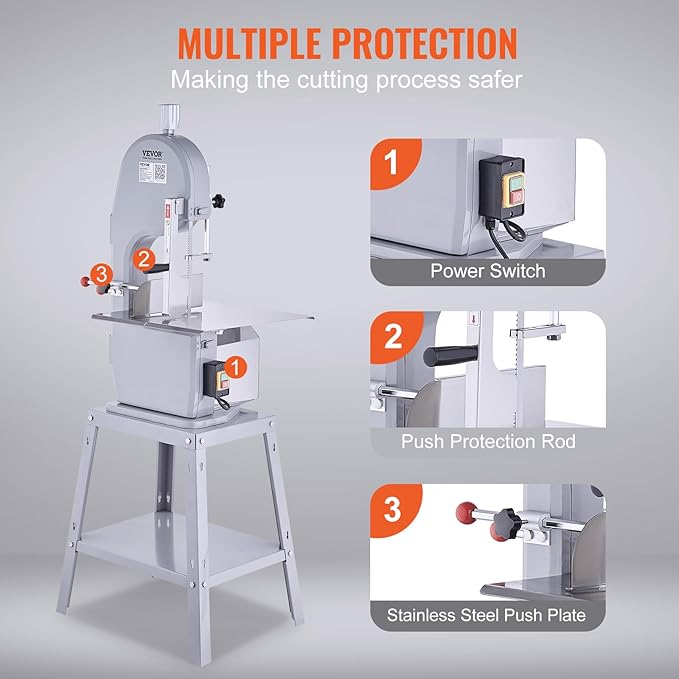 Commercial Electric Meat Bandsaw, 1500W Stainless Steel Vertical Bone Sawing Machine, Workbeach 19.3" x 15", 0.16-7.9 Inch Cutting Thickness, Frozen Meat Cutter with 6 Blades for Rib Pork Beef