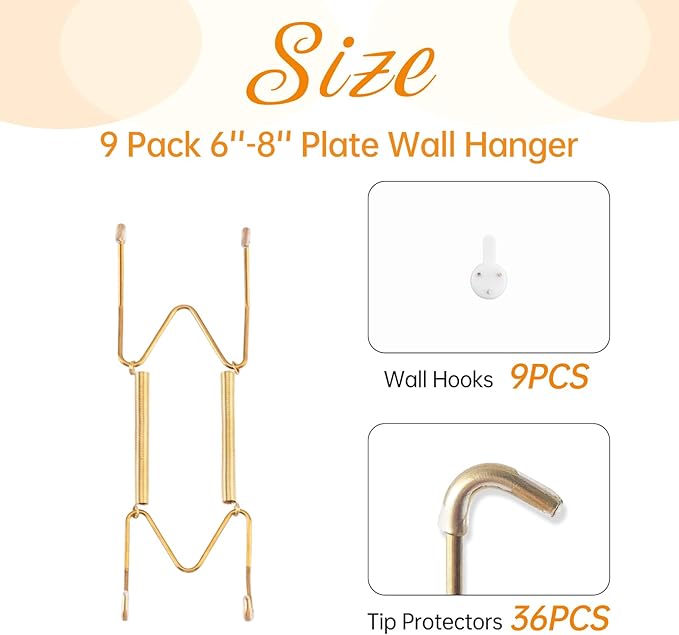 Bilillo 9 Pack Plate Hangers for The Wall, Suitable for 6-8 inch Art Plate, Stainless Steel Invisible Heavy Duty Wire Plate Holder with Wall Hooks, Plate Hangers for Displaying Plates, Platter, Dish