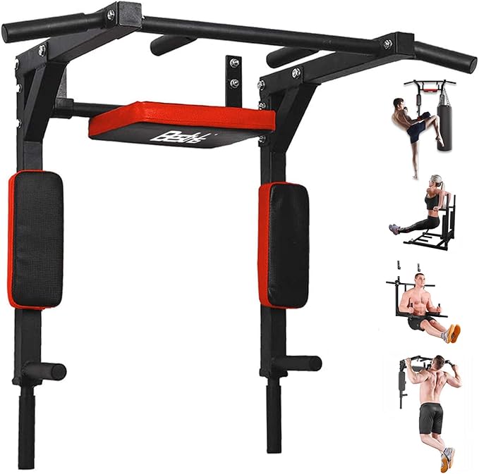 BESTHLS Wall Mounted Pull Up Bar and Dip Station, Heavy Duty Wall Mount Pull-up Chin Up Bar Multifunctional Home Gym Worko...