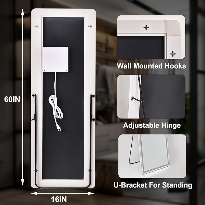 Full Length Mirror - 16" x 60" Mirror Full Length with LED Lights Adjustable Screen Brightness, Wall Mounted or Freestanding, Full Body Mirrors for Bedroom, Living Room, Cloakroom,Salon