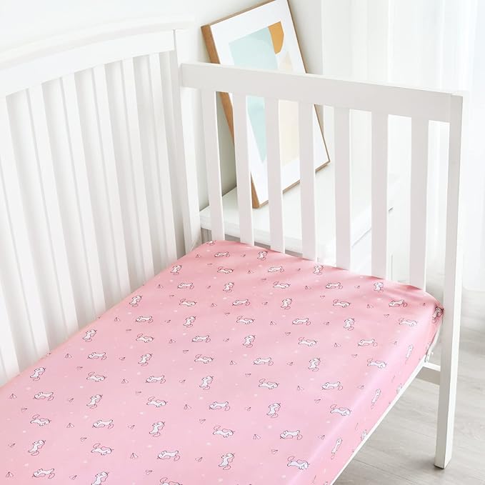 Girl Crib Sheets 2-Pack, Fitted 52'' x 28'' for Standard Crib & Toddler Mattress, Soft and Breathable Material, Neutral & Pink