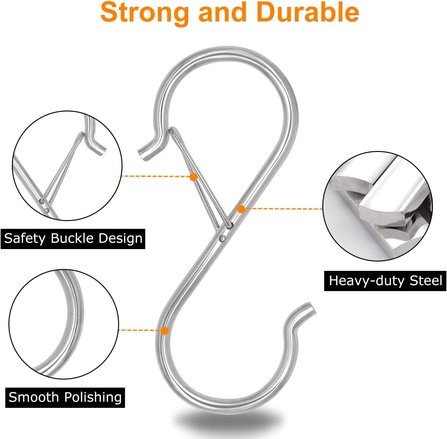 8 Pack S Hooks for Hanging, 3.5 inch Heavy Duty S Hooks with Safety Buckle S Shaped Hooks Kitchen Pot Rack Hooks Closet Hooks for Hanging Plants, Clothes, Kitchen Utensil, Bags (Silver)