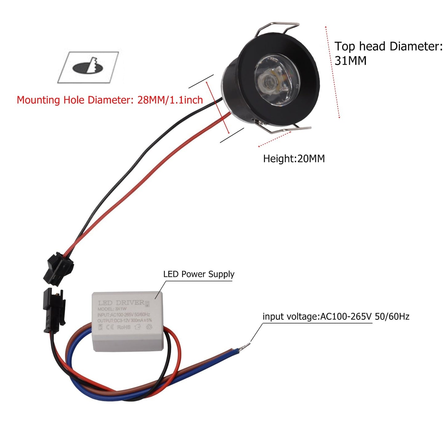 Scpopfer 2Pack 1W Mini Spotlights Indoor 1Inch Recessed Showcase Display Under-Cabinet Led Lights Fixture With Ac 110V/220V To 3-12V Power Supply Led Driver 3000K Warm-White Lighting Black-Shell