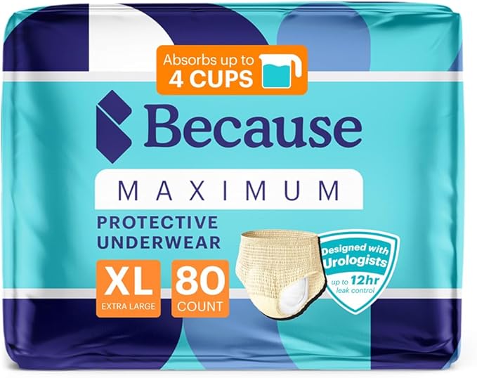 Because Premium Maximum Plus Adult Incontinence and Postpartum Bladder Leak Underwear for Women, Maximum Absorbency, Dispo...