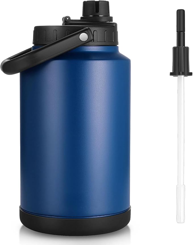 Sursip 1 Gallon Insulated Water Jug wtih Straw, Stainless Steel Large Sports one Gallon Water Bottle for Travel, Hiking, Camping 128 oz(Navy Blue)