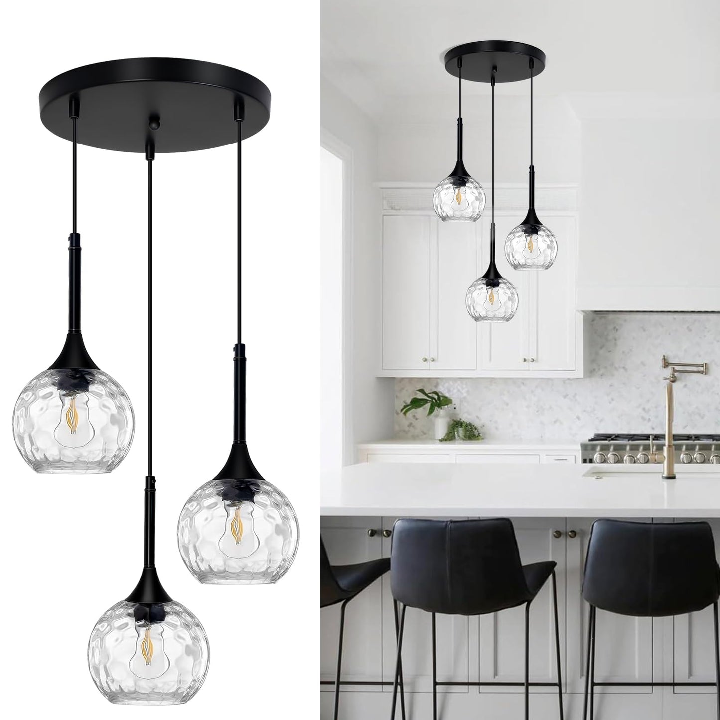 JHLBYL 3-Light Pendant Light Fixture Modern Glass Chandelier Adjustable Clear Glass EL-HGPL3R