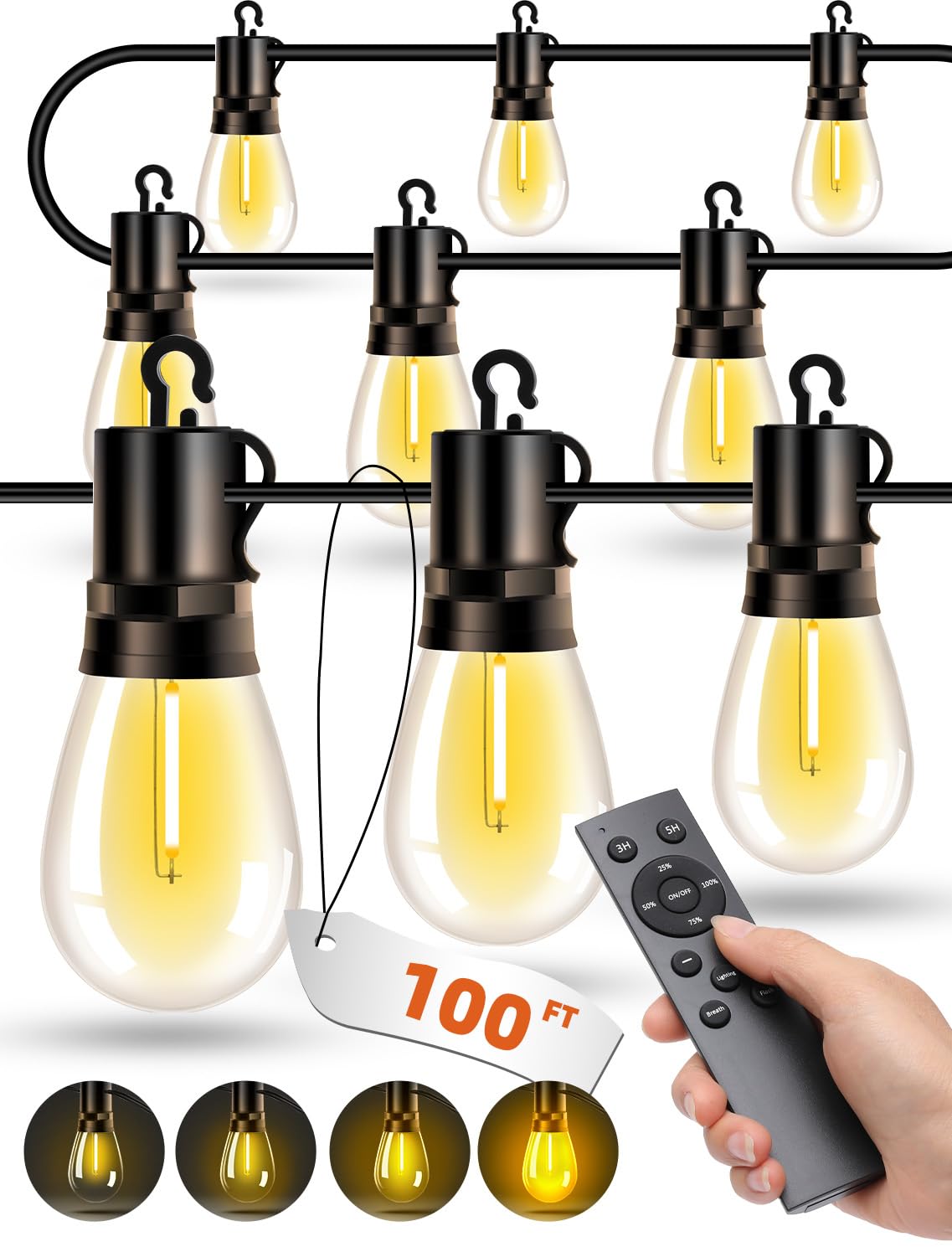 Vozuji Outdoor Patio String Lights: S14 Shatterproof Bulb Outside Waterproof Light - 100Ft 30M Remote Dimmable Connectable Hanging Outdoor Electric Lighting - Garden Backyard Yard Gazebo Porch Party