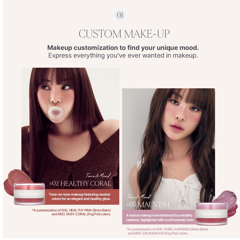 Heart Percent Dote On Mood Custom Lip & Cheek, 2-in-1 Matte (Fog Pot) + Glow (Shine Balm) Dual Type Multi-use Blush & Lip Tint [