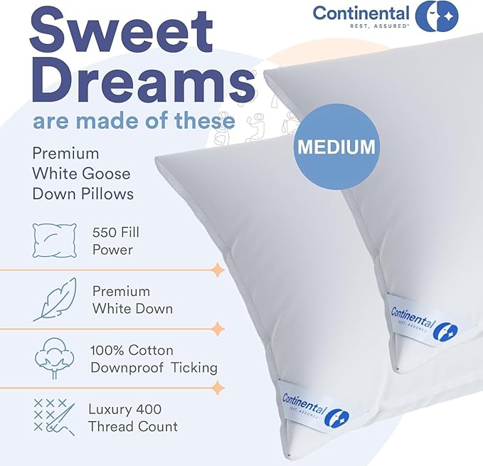 Continental Bedding Medium Queen Pack of 1 White Down Pillows 25 Ounce 550FP Hotel Down Pillows for Supporting Back Side and Stomach Sleepers