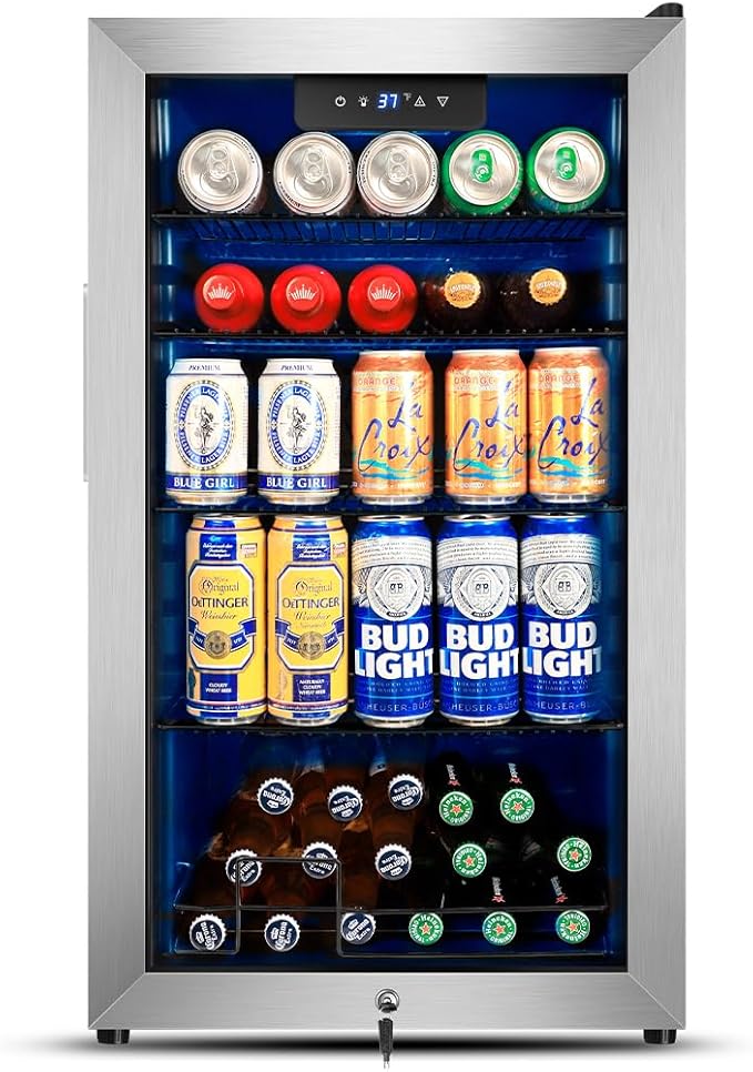 Tylza 130 Cans Beverage Refrigerator Cooler, 3.22 Cu.Ft Beverage Cooler with Low-E Glass Door, Safety Lock, Beverage Fridge for Soda, Beer, Wine, Mini Fridge for Home, Office, Bar, Bedroom, Silver