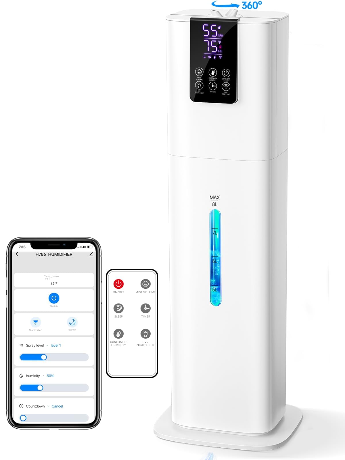 8L Smart Humidifiers For Bedroom Large Room, 2.1Gal Cool Mist Top Fill Diffuser Ambient Light, App & Remote Control, 3 Mist Mode