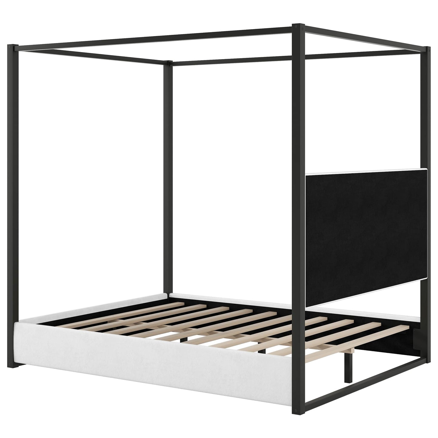 GDFStudio Queen Size Canopy Bed Frame with Upholstered Headboard, Metal Frame Platform Design, Four Poster Metal Frame Bed, Romantic Bedroom Decor, Modern Bedroom Furniture, Black White