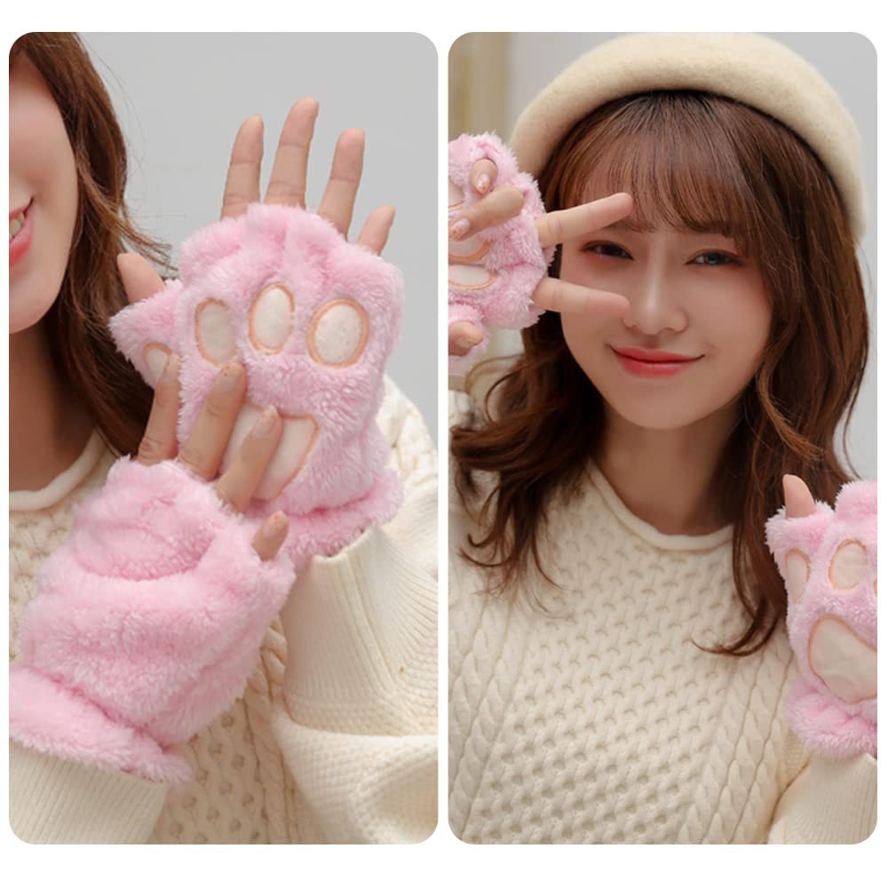 Lifenanny Cute Cat Paw Gloves, Winter Faux Fur Plush Soft Warm Half Finger Cosplay Gloves for Women Girls (Pink)