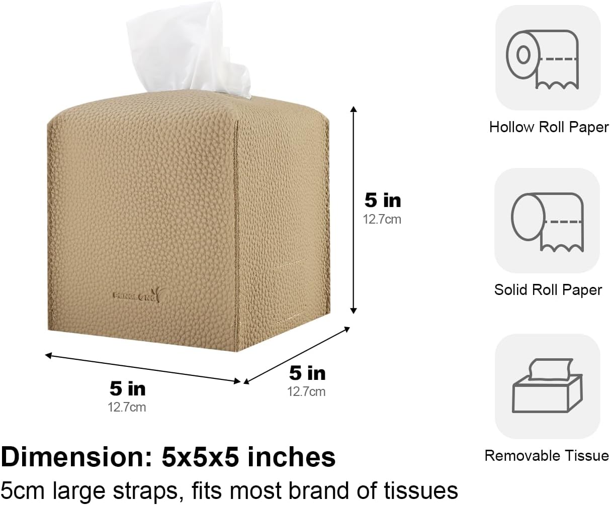 Tissue Box Cover 5X5X5'' PU Leather Tissue Holder Square Tissue Cube Box Organizer for Bathroom Vanity Countertop, Car, Night Stands, Office, Home, Kitchen (2Pack, Wood Apricot)