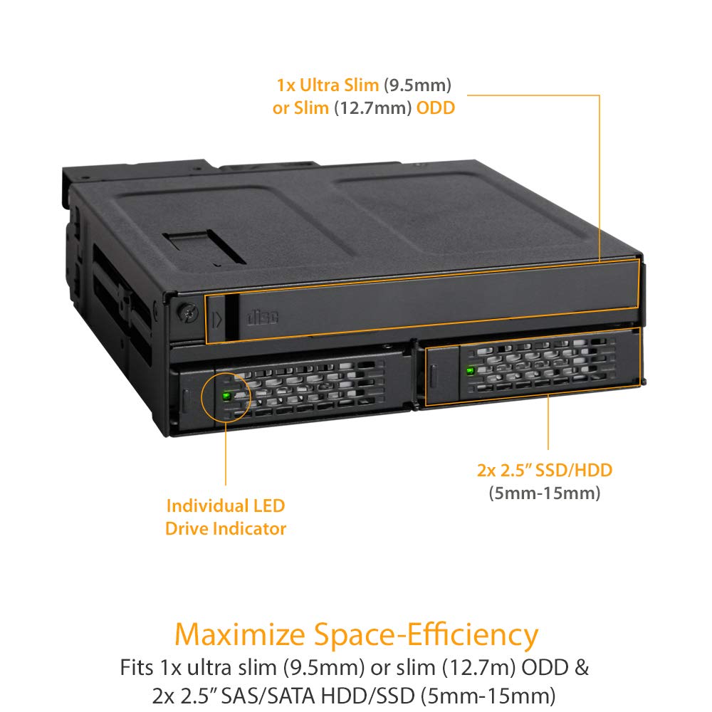 Icy Dock 2 Bay 2.5 Sas/Sata Ssd/Hdd & (Ultra) Slim Optical Disk Drive Cd Dvd Rom Backplane Enclosure For 5.25 Bay | Tougharmor M