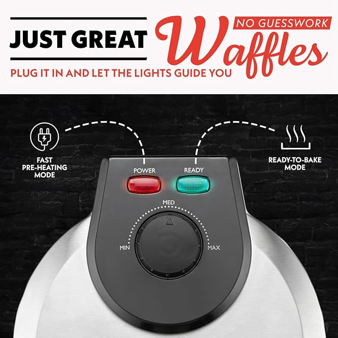 Gourmia Belgian Waffle Maker – Adjustable Browning Control, Nonstick Plates, Ready & Power Indicator Lights, Compact Upright Storage, Cool-Touch Handle